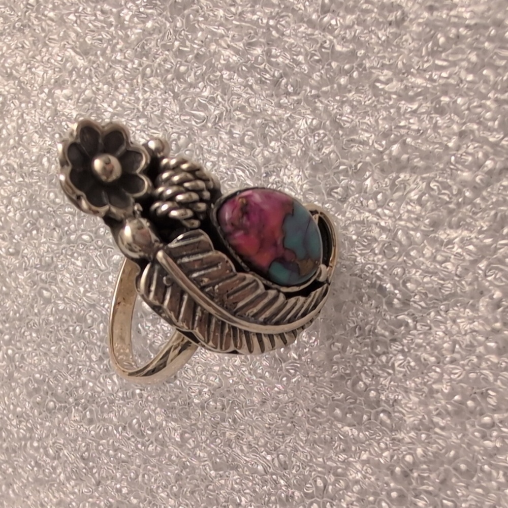 Sterling Silver Floral Feather Turquoise and Pink Stone Ring - Picture 3 of 8
